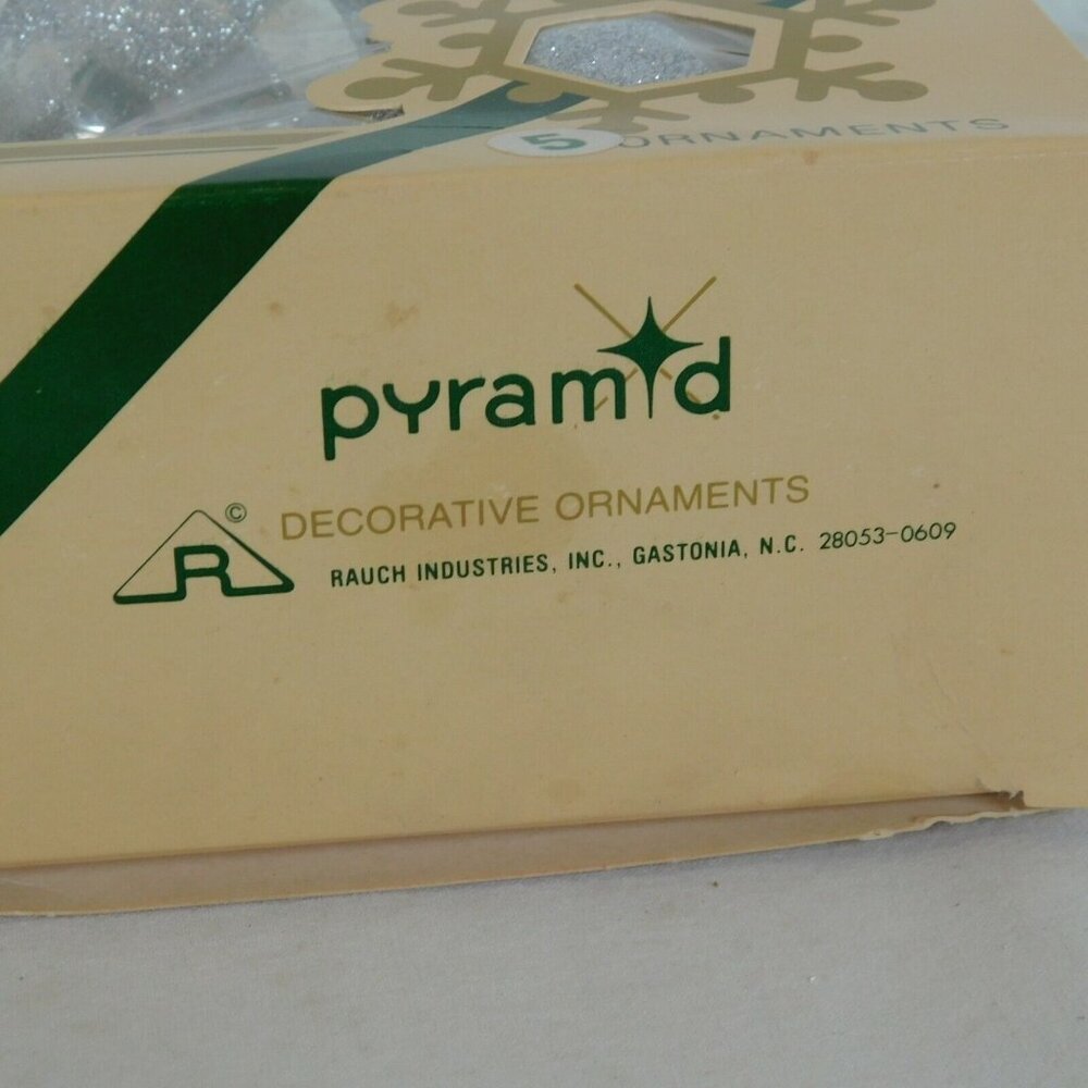 Pyramid Rauch Silver Glitter Christmas Ornaments Lot of 5 Vintage Made USA Box - Picture 6 of 7